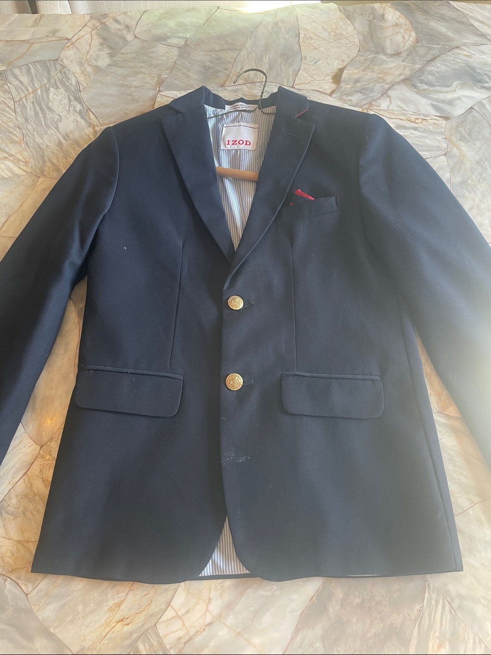 Izod Navy Sport Coat with Gold Buttons and Red Pocket Accent